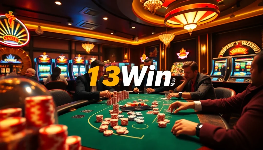 Gambler enjoying a thrilling moment at 13Win Com poker table with vibrant chips.