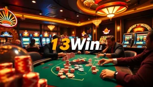 Gambler enjoying a thrilling moment at 13Win Com poker table with vibrant chips.