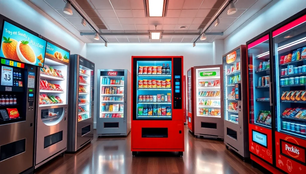 Showroom of snack machine manufacturers with modern models and vibrant displays.