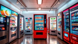 Showroom of snack machine manufacturers with modern models and vibrant displays.
