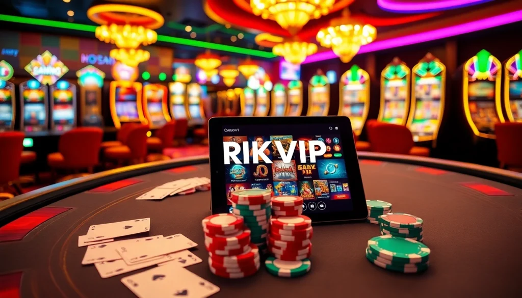 RIKVIP players strategizing at a luxurious poker table in a vibrant casino setting.