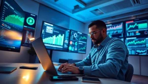 Cybersecurity expert analyzing infosec data in a modern office.