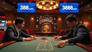 Engaging players at 388bet poker table in a luxurious casino setting, vibrant and exciting.