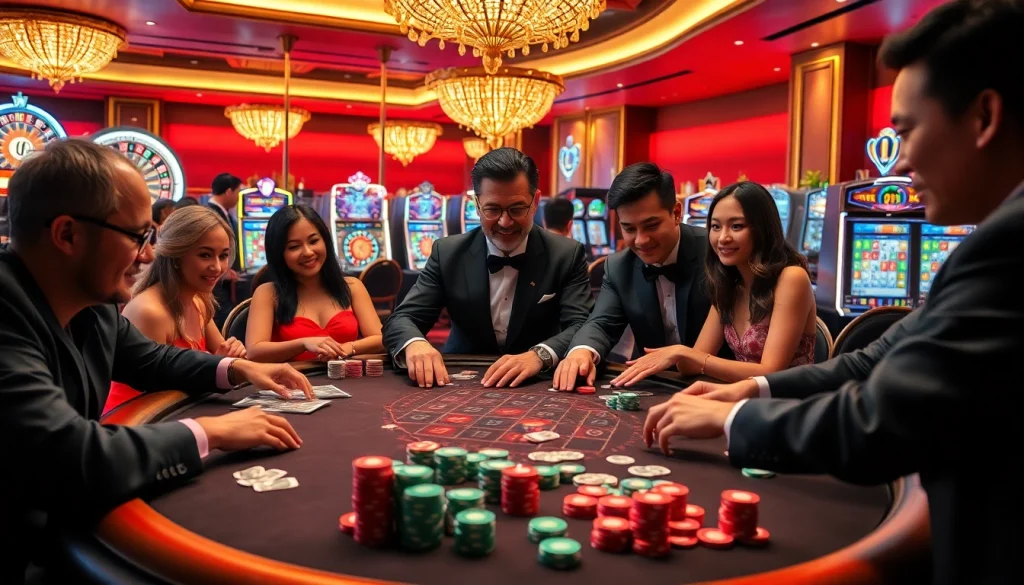 Excited players strategizing a poker game at King88 casino with vibrant roulette and slot machines.
