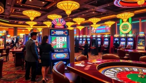 Play the mahjong slot demo in an upscale casino with vibrant gaming ambiance.