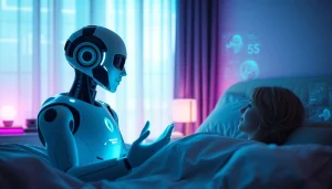 AI sex chatbot engaging users in a futuristic bedroom with digital elements