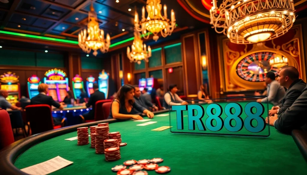 Experience the thrilling casino atmosphere with a poker game featuring TR88 winnings and vibrant slot machines.