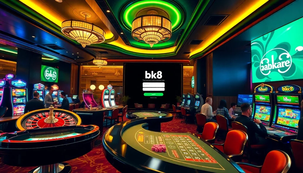 Join the fun at BK8 login interface amidst vibrant casino excitement with players enjoying games.
