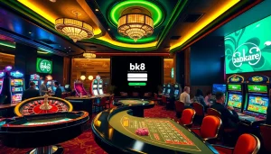Join the fun at BK8 login interface amidst vibrant casino excitement with players enjoying games.