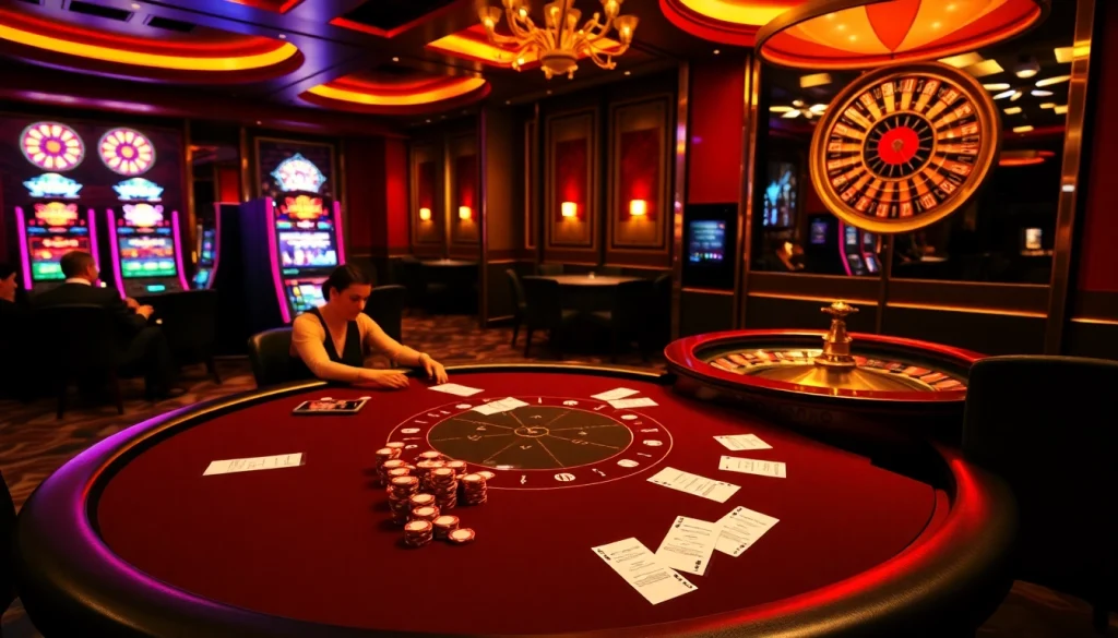 Engage with https://jun88.buzz/ at a luxurious casino table filled with poker chips and vibrant slot machines.