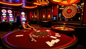 Engage with https://jun88.buzz/ at a luxurious casino table filled with poker chips and vibrant slot machines.