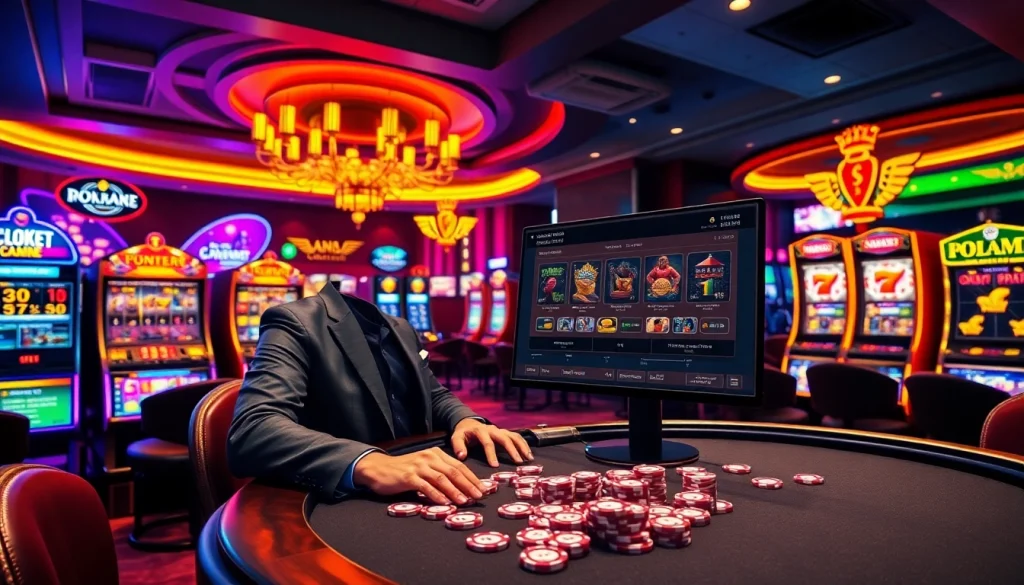Experience sbobet link alternatif with an exciting online gambling scene featuring poker chips and slot machines.