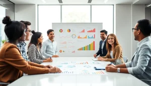 Analyze growth strategy trends in a dynamic business meeting showcasing teamwork and innovation.