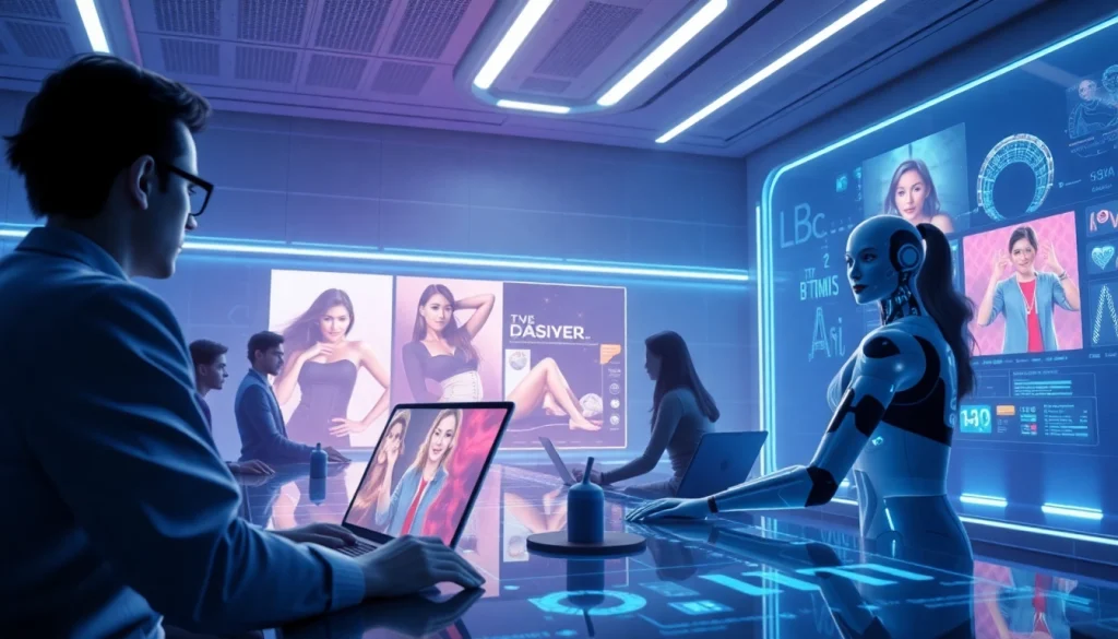 AI nsfw image generator showcasing dynamic interactions in a futuristic workspace.