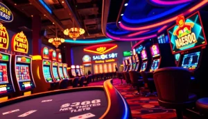 Exciting online gaming scene highlighting new88go.com with vibrant slot machines and live dealer tables.