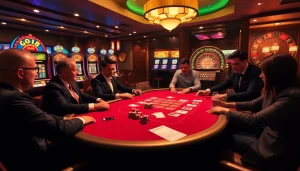 Players engage in high-stakes poker at a luxurious casino, showcasing GO8 excitement in the ambiance.