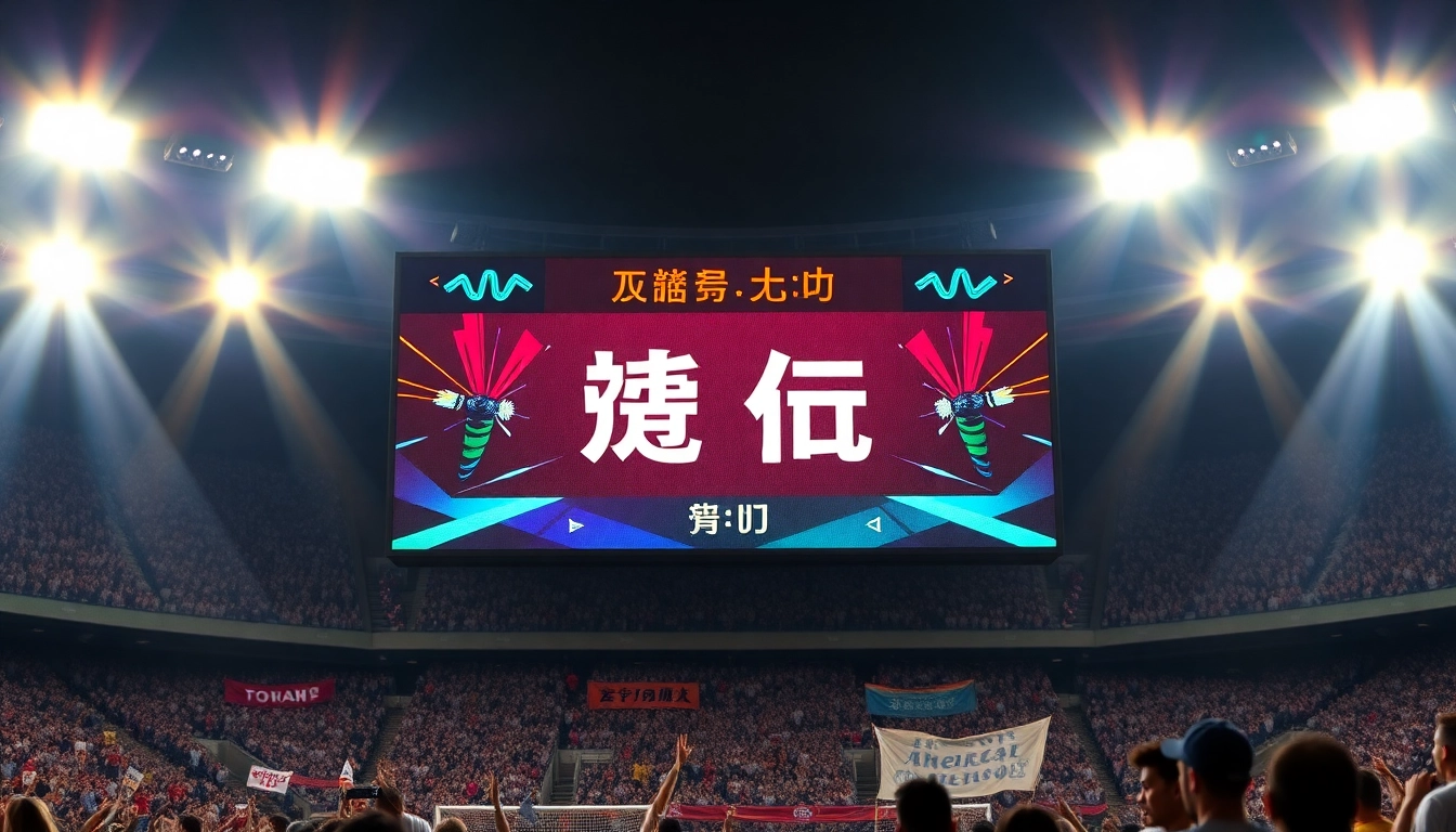 A dynamic soccer scoreboard showcasing ผลบอลบ้าน with excited fans in the background.