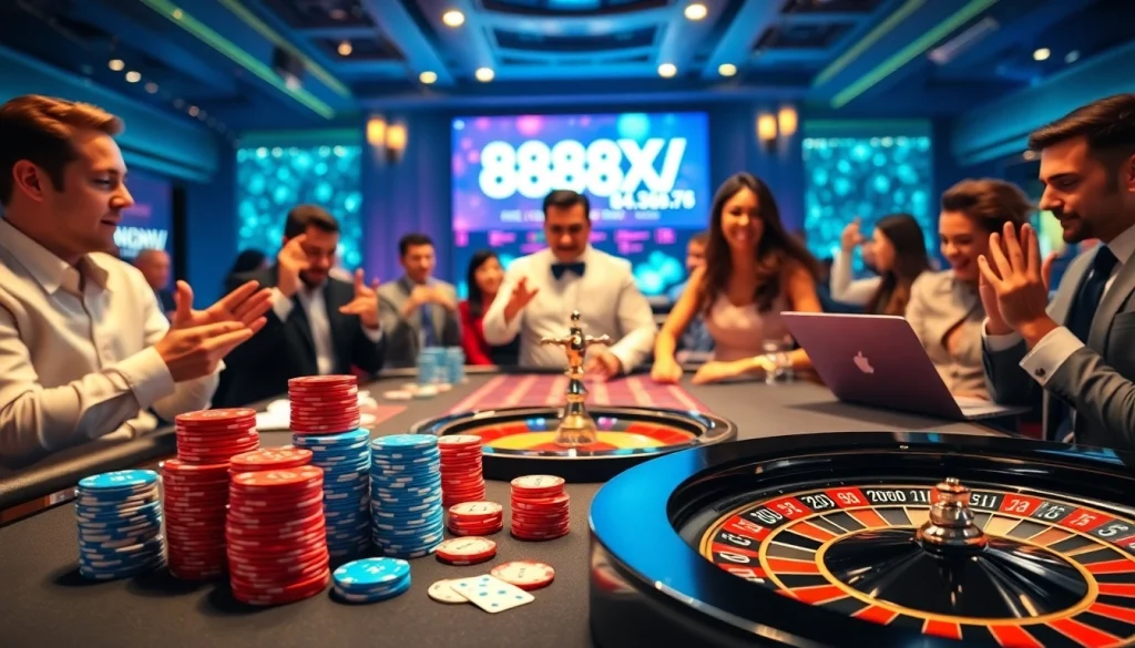 Players engaging in thrilling casino games featuring https://88xx.now/ with vibrant poker chips and lively atmosphere.