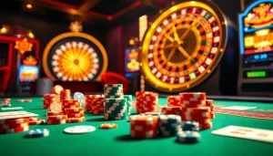 LUCKYWIN features an exciting casino scene with vibrant roulette, chips, and engaging slot machines.