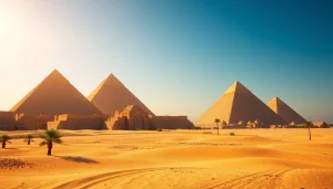 Pyraminds rising majestically against a bright blue sky with golden sand in the foreground.