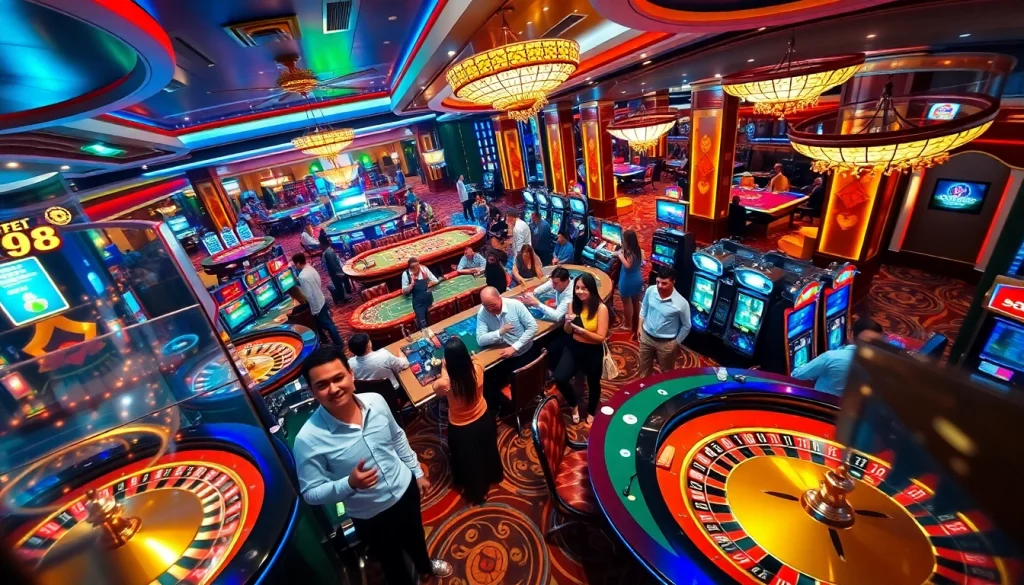 Excited players enjoying their time at VT88’s vibrant casino with roulette tables and slot machines.