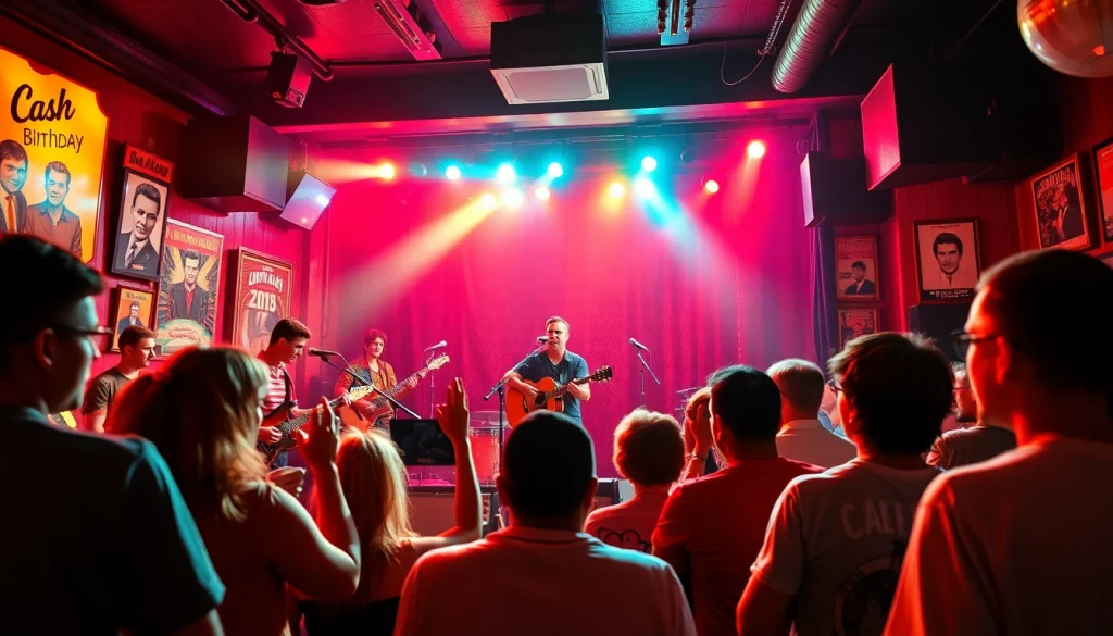 Johnny Cash birthday celebration event at johnnycashbirthday.com with live music and vibrant decorations.