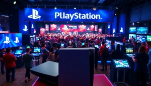 Dynamic scene capturing PlayStation Showcase 2026 news with fans interacting at a vibrant gaming event.