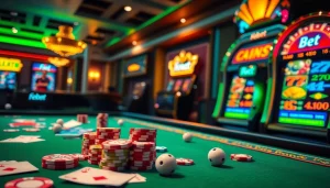 febet online gambling scene with casino tables and vibrant slot machines.