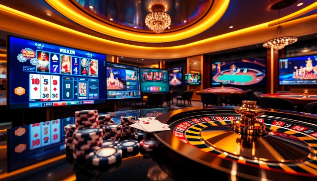 Experience thrilling gaming action at https://okwin.blog/ with vibrant casino visuals featuring slots, roulette, and poker elements.