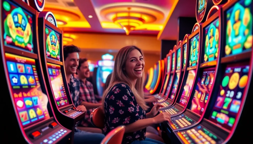 Menangkan slot depo 1k di mesin slot berwarna cerah yang dikelilingi pemain bersemangat.