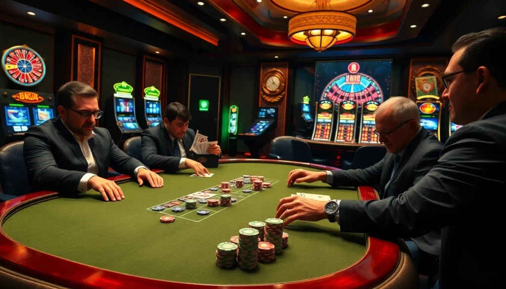 Vivez l'excitation des meilleurs casinos en ligne avec une table de poker vibrante et une roue de roulette tournante.