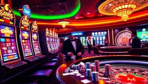 Experience the excitement of situs bangsawan88 with vibrant casino scenes filled with slot machines and spirited players.