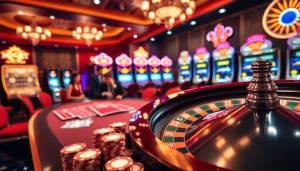 Vivez l'excitation des meilleurs casinos en ligne avec une scène de poker animée et des machines à sous vibrantes.