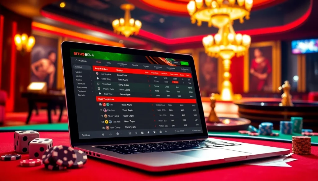Engaging with situs bola online through a sleek laptop in a luxurious casino setting.