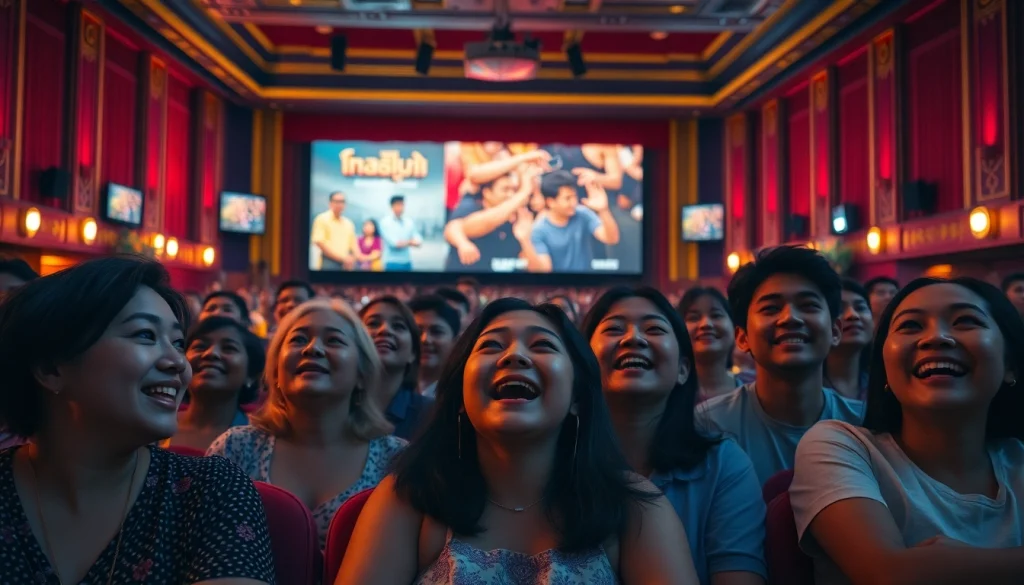 ดูหนัง ในโรงภาพยนตร์ที่เต็มไปด้วยคนดูที่มีความสุขและตื่นเต้น