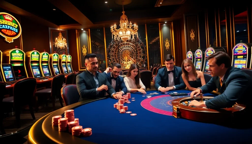SHBET players enjoying a vibrant poker game in a luxurious casino setting.