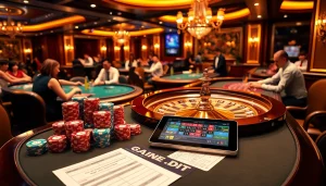 Scène vibrante mettant en avant les meilleurs casinos en ligne avec des joueurs impatients autour d'une table de casino luxueuse.