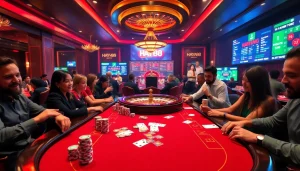 Players enjoy a thrilling game of poker at Hay88, surrounded by vibrant casino decor and exciting action.