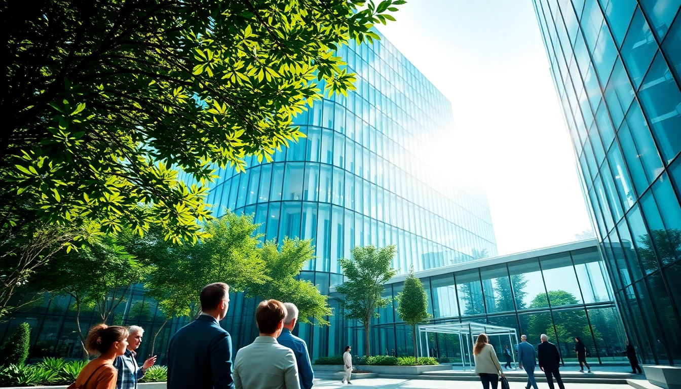 Highlighting architectural design services with a modern glass building in a vibrant urban environment.