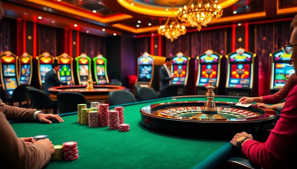 Joueurs à une table de poker haute mise stratégiant dans l'environnement des meilleurs casinos en ligne.