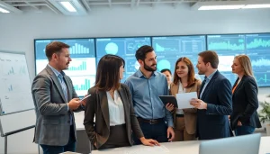 B2B competitive intelligence team collaborating with data insights in a modern office.