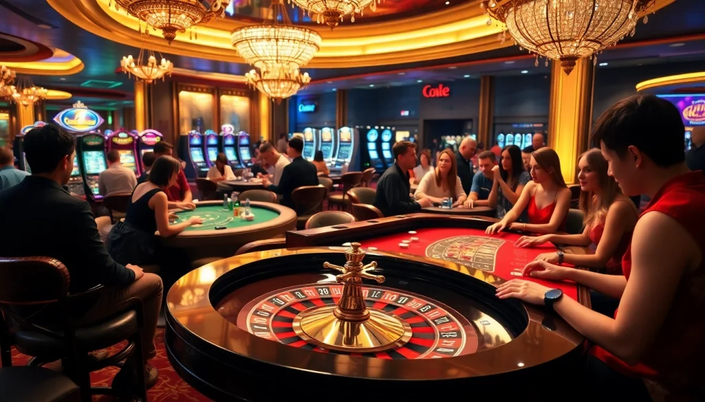 Découvrez l'excitation des meilleurs casinos en ligne avec des joueurs profitant de la roulette et du poker dans un cadre luxueux.