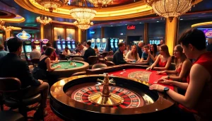 Découvrez l'excitation des meilleurs casinos en ligne avec des joueurs profitant de la roulette et du poker dans un cadre luxueux.