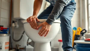 Expert toilet repair service being performed by a skilled plumber with detailed tools.