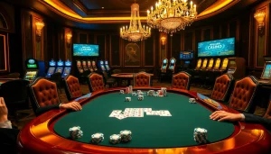 Une scène vibrante de table de poker aux meilleurs casino en ligne mettant en avant des joueurs compétitifs, des jetons de poker et un décor élégant.