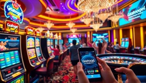 Engaging scene of vibrant slot machines and players at gtatogel alternatif casino.