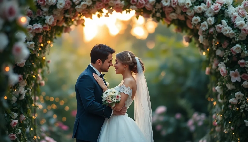 Stunning wedding photography of a couple embracing under floral arch, creating a romantic atmosphere.