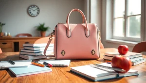Handtasche für Schulen auf einem Tisch mit Schulmaterialien und stilvollen Details.