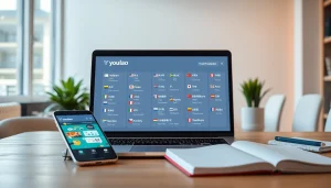 Youdao digital translation interface in a bright workspace, showcasing multilingual text.
