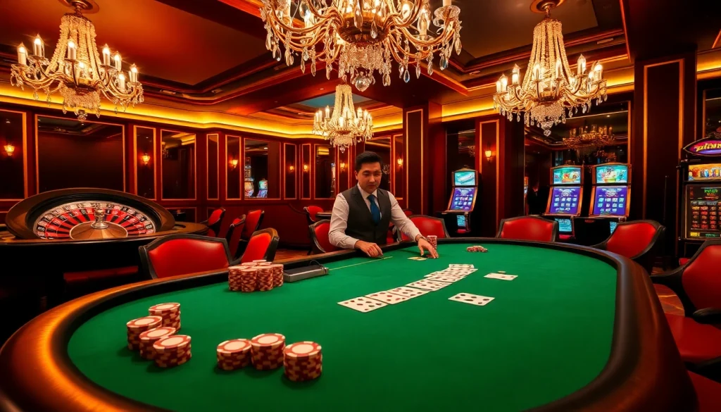 Scène excitante de la table de poker des meilleurs casinos en ligne avec des lumières vives et une ambiance luxueuse.